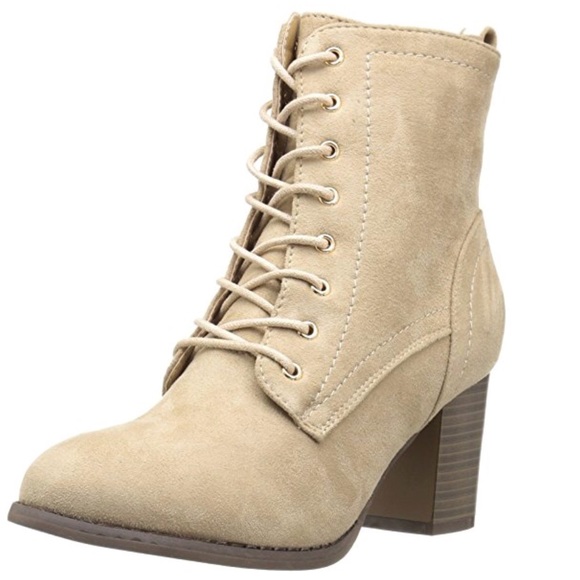 Cream Lace Up Block Heeled Combat Boots - Picture 2 of 5
